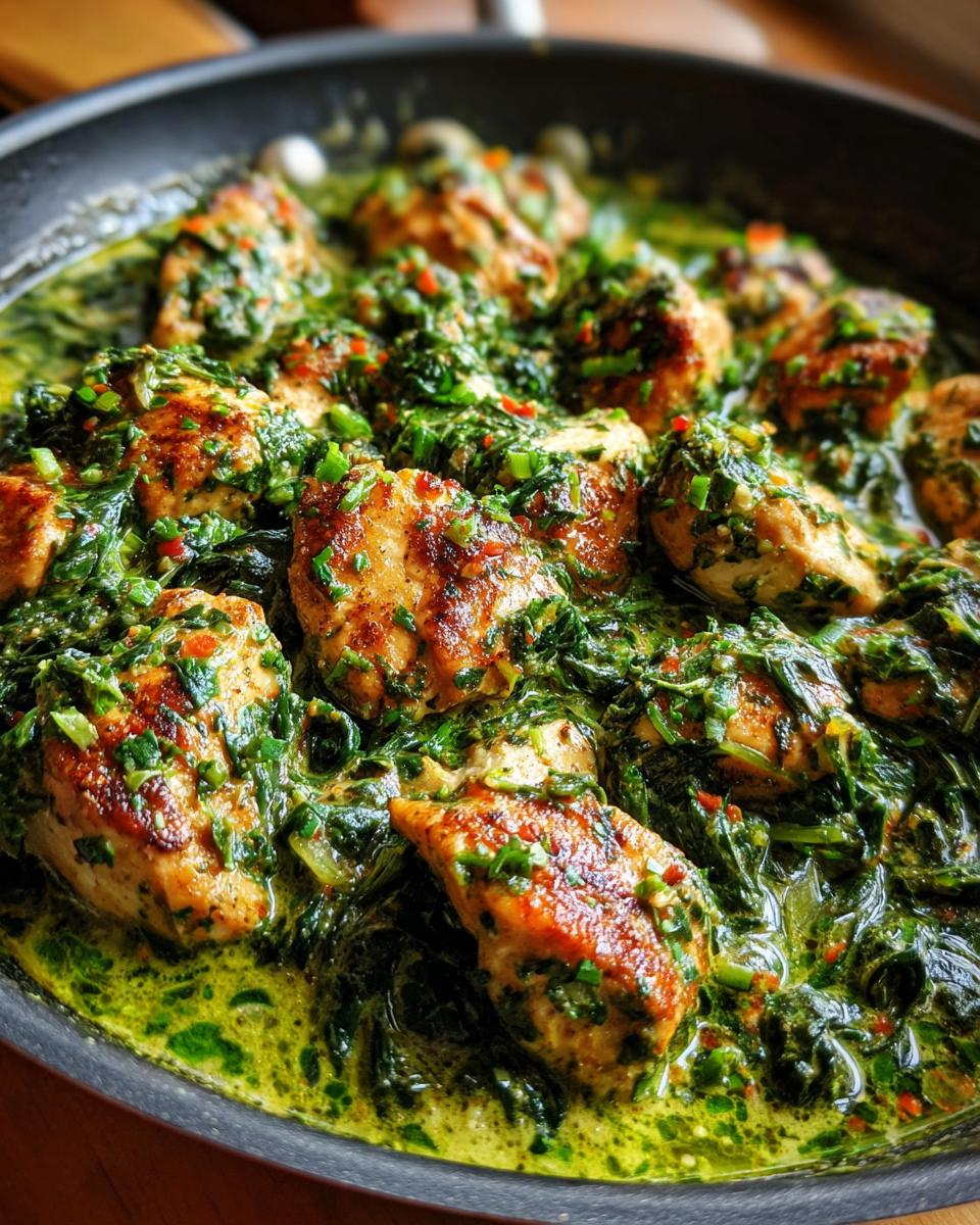 Gebratene Hähnchenstücke in einer cremigen, grünen Spinatsauce, zubereitet als Cremiges Spinat-Hähnchen aus einer Pfanne.