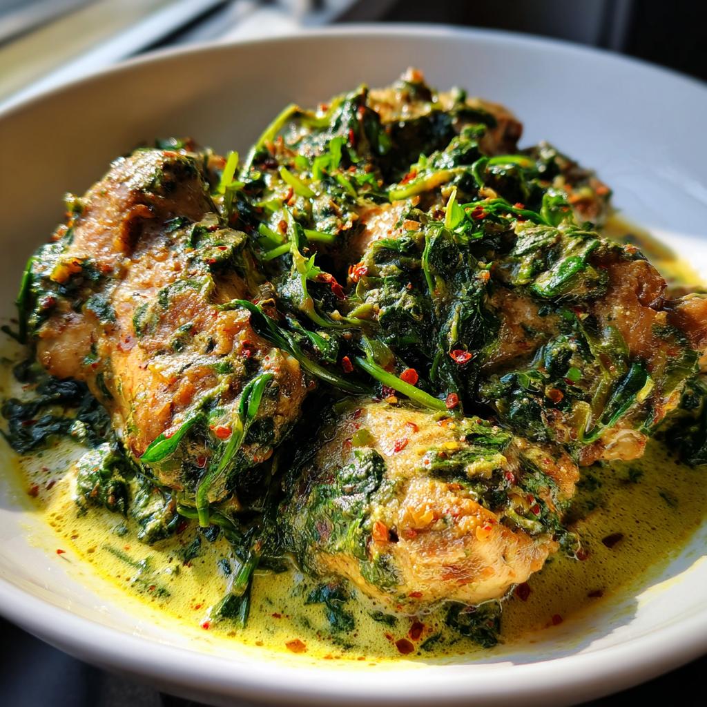 Nahaufnahme von saftigem Hähnchen in cremiger Sauce mit viel grünem Spinat, typisch für Cremiges Spinat-Hähnchen aus einer Pfanne.