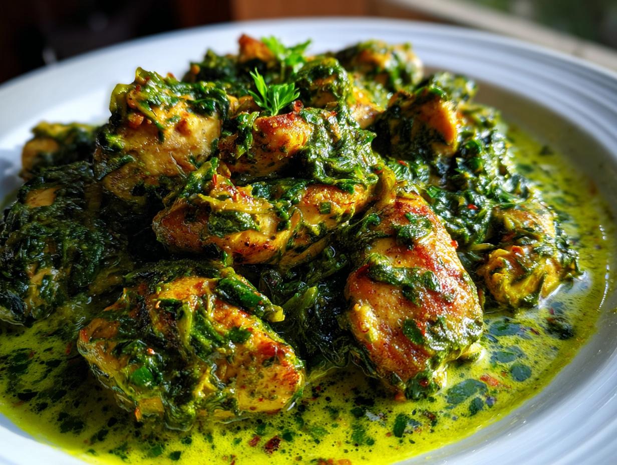 Gebackene Hähnchenstücke in einer reichhaltigen, cremigen Spinatsauce, typisch für Cremiges Spinat-Hähnchen aus einer Pfanne.