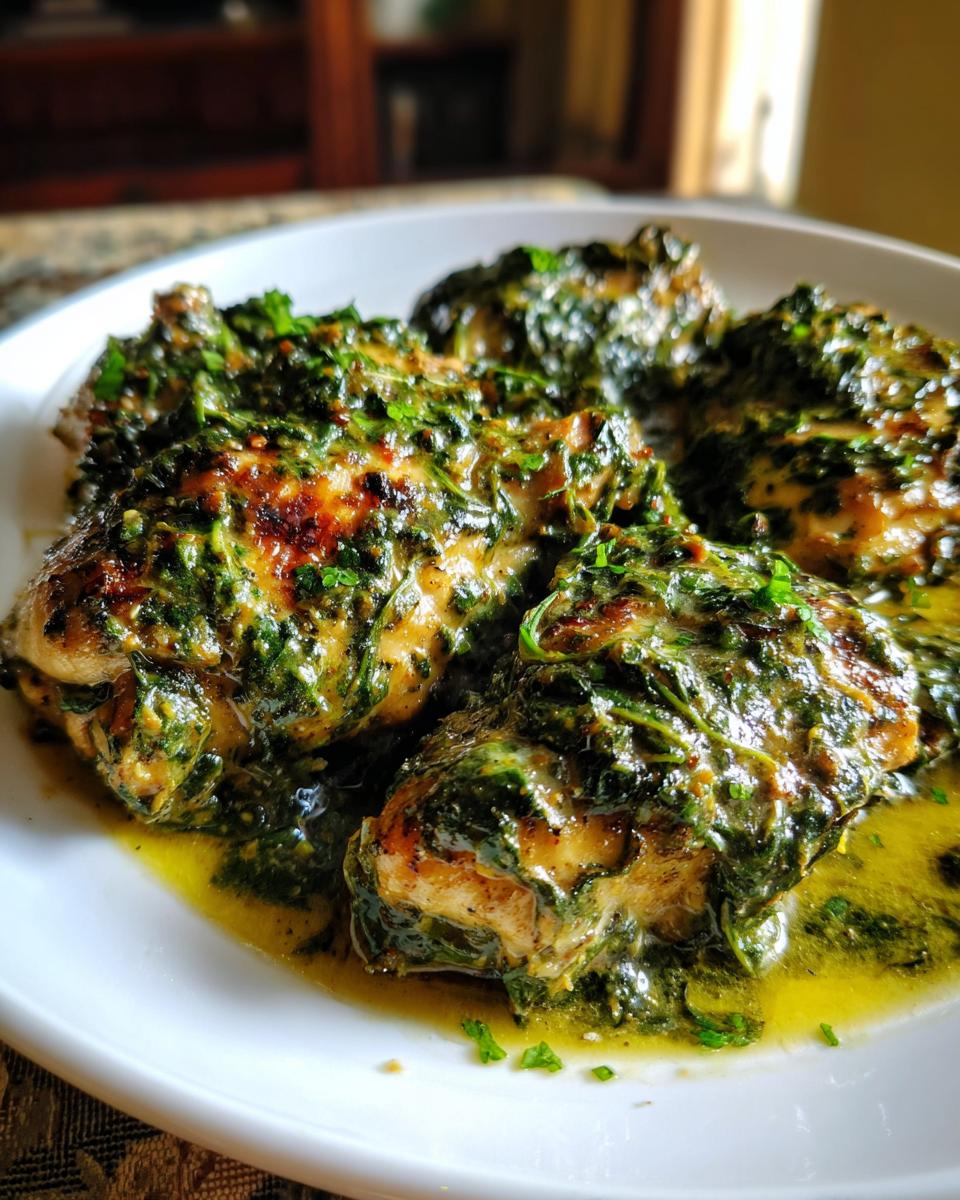 Mehrere Stücke Hähnchen in einer cremigen, grünen Spinatsauce, serviert auf einem weißen Teller. Cremiges Spinat-Hähnchen aus einer Pfanne.