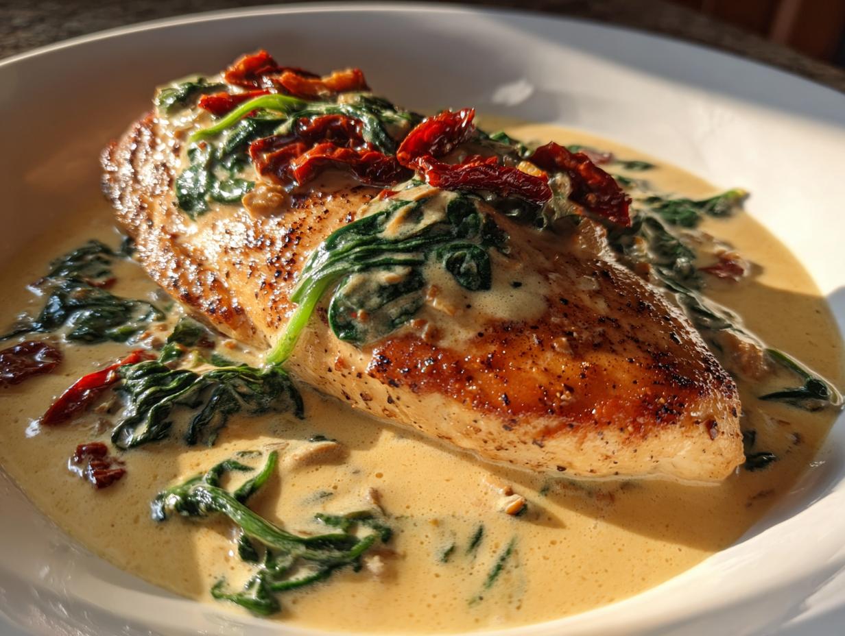 Gebratenes Hähnchenbrustfilet in cremiger Sauce mit Spinat und getrockneten Tomaten: Cremiges toskanisches Hähnchen.