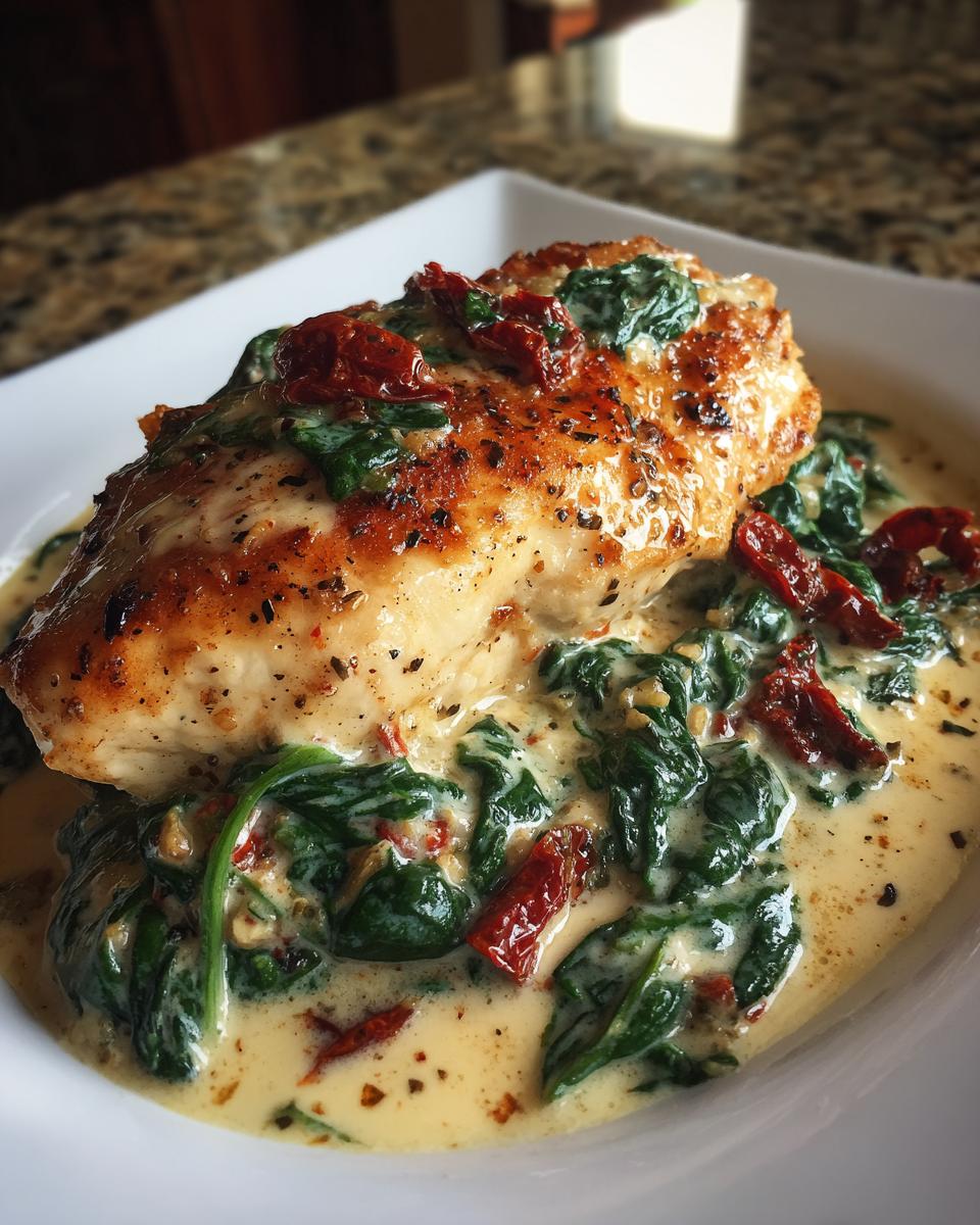 Gebratenes Hähnchenbrustfilet auf einer cremigen Sauce mit Spinat und getrockneten Tomaten, typisch für Cremiges toskanisches Hähnchen.