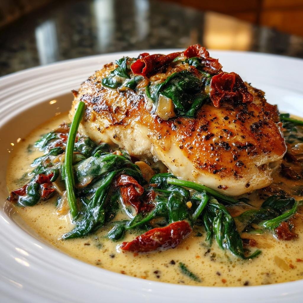 Gebratenes Hähnchenbrustfilet in cremiger Soße mit Spinat und getrockneten Tomaten: Cremiges toskanisches Hähnchen.