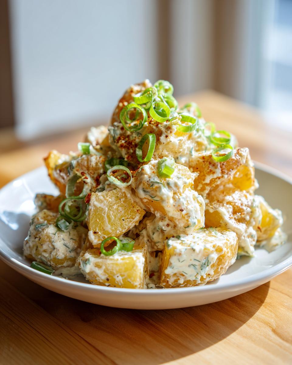 Close-up of Crunchy Kartoffelsalat mit Joghurt-Dressing, topped with fresh green onions.
