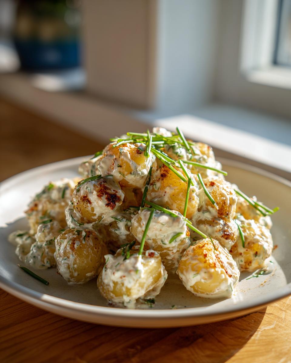 Nahaufnahme von Crunchy Kartoffelsalat mit Joghurt-Dressing, garniert mit frischem Schnittlauch.