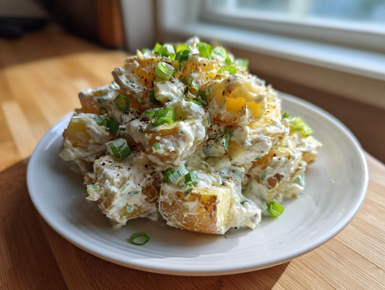 Ein Teller mit Crunchy Kartoffelsalat mit Joghurt-Dressing, garniert mit Schnittlauch und schwarzem Pfeffer.