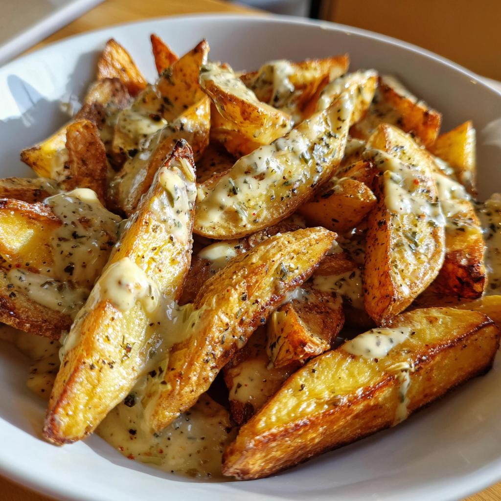 Close-up of golden, crunchy potato wedges covered in a creamy Garlic Dressing, part of the Crunchy Kartoffelsalat mit Knoblauch-Dressing.