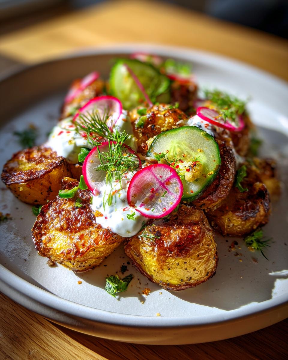Close-up of warm Crunchy Kartoffelsalat served with crispy potatoes, creamy dressing, radish slices, and cucumber.