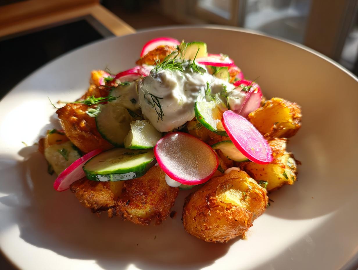 Close-up of Crunchy Kartoffelsalat warm serviert featuring golden fried potatoes, cucumber slices, bright pink radishes, and a dollop of creamy dressing.