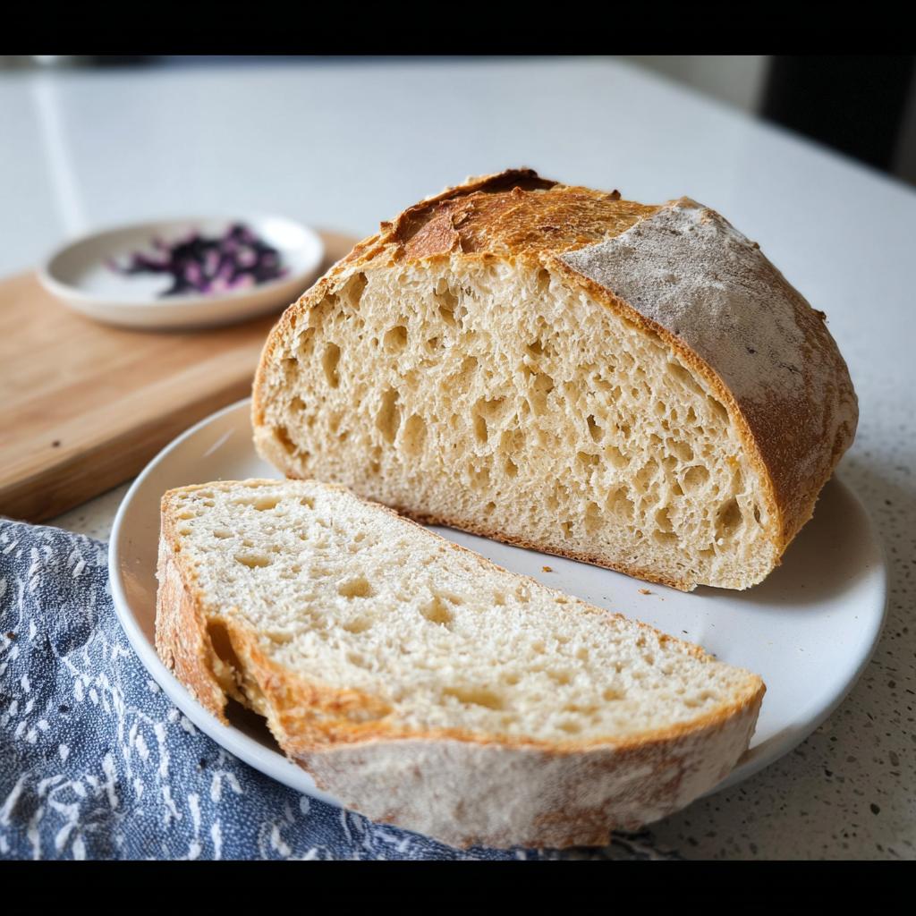 Aufgeschnittenes Dinkelbrot im Kasten, das eine saftige und lockere Krume mit großen Poren zeigt.