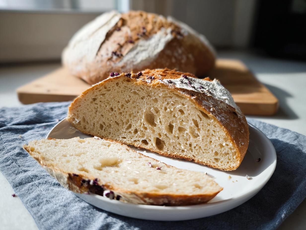 Aufgeschnittenes Dinkelbrot im Kasten auf einem Teller, das die lockere Krume zeigt.