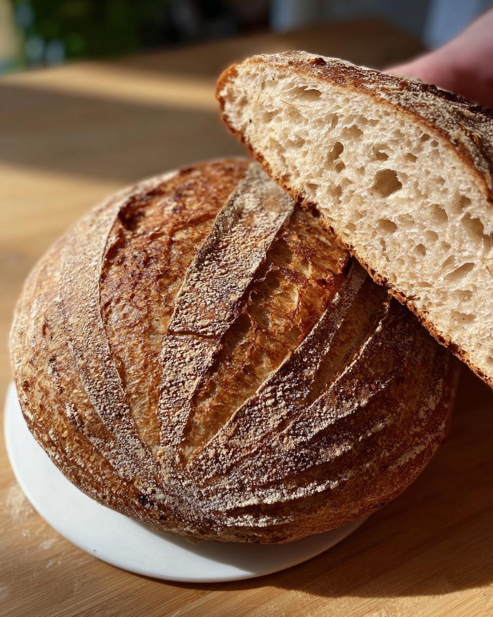 Ein frisch gebackenes Dinkelbrot mit langer Teigruhe, das angeschnitten ist und die offene Krume zeigt.