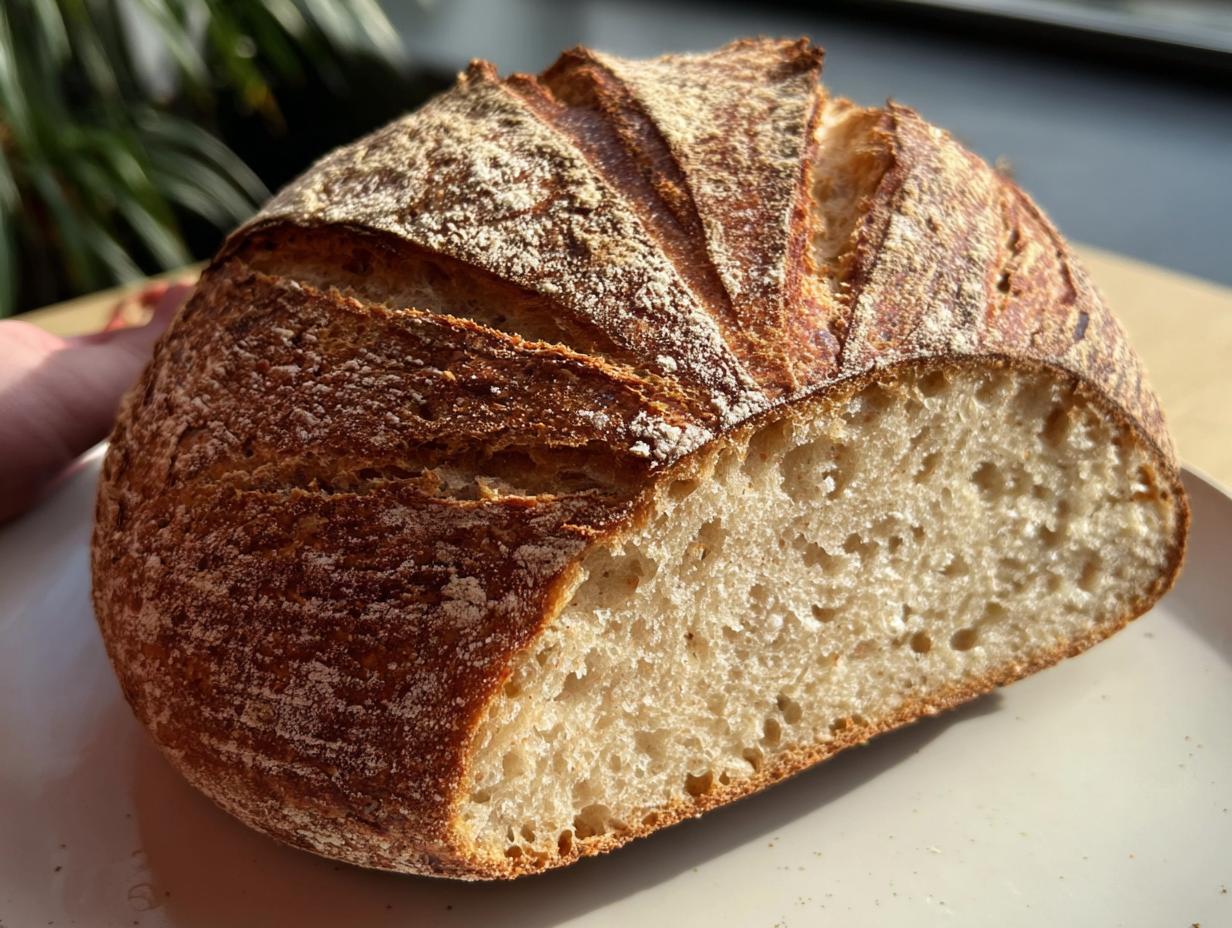 Ein Laib Dinkelbrot mit langer Teigruhe, angeschnitten, um die offene, helle Krume zu zeigen.