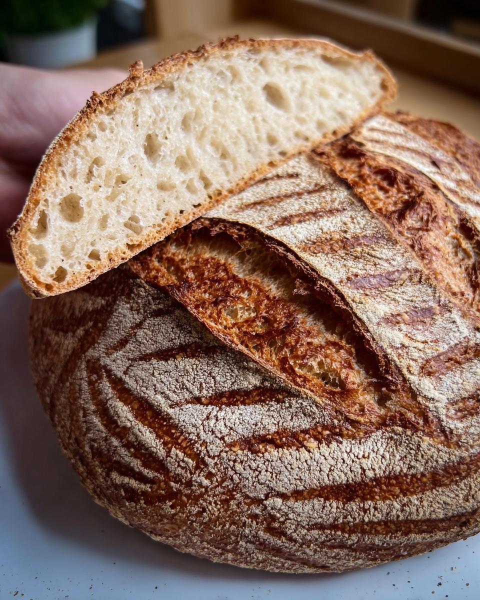 Nahaufnahme eines runden Dinkelbrots mit langer Teigruhe, dessen Kruste aufgeschnitten ist und die offene Krume zeigt.