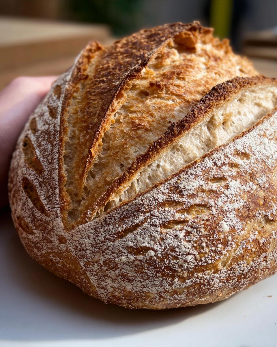 Nahaufnahme eines frisch gebackenen Dinkelbrot mit langer Teigruhe, mit goldbrauner, rissiger Kruste und Mehlschwaden.