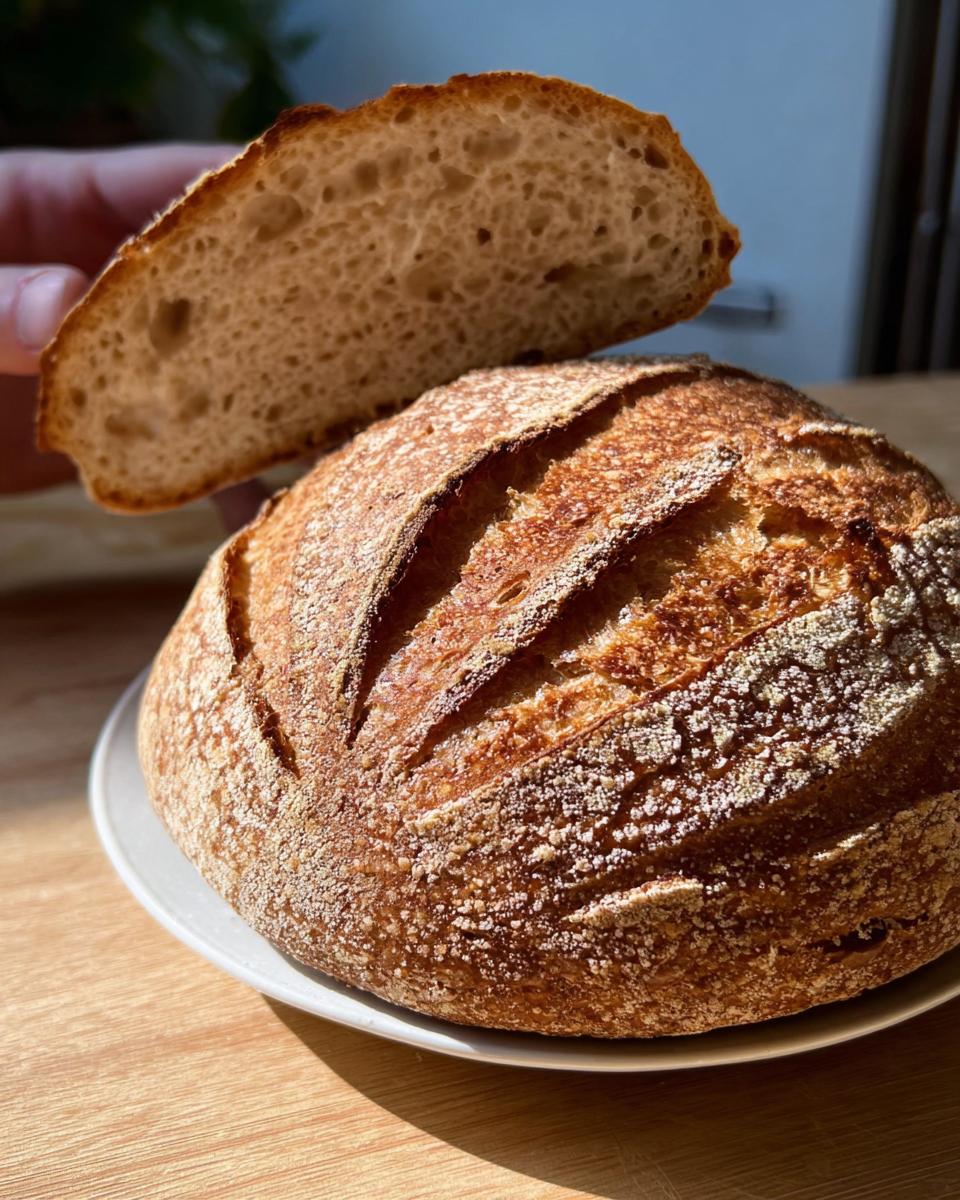 Ein Laib Dinkelbrot mit langer Teigruhe auf einem Teller, mit einer aufgeschnittenen Scheibe, die die offene Krume zeigt.