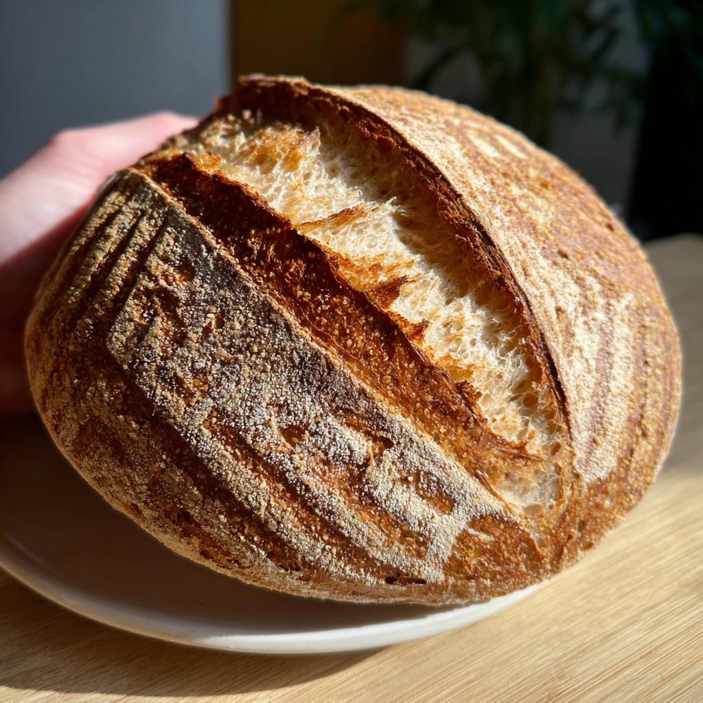 Nahaufnahme eines runden, knusprigen Dinkelbrot mit langer Teigruhe mit tiefen Schnitten und goldbrauner Kruste.