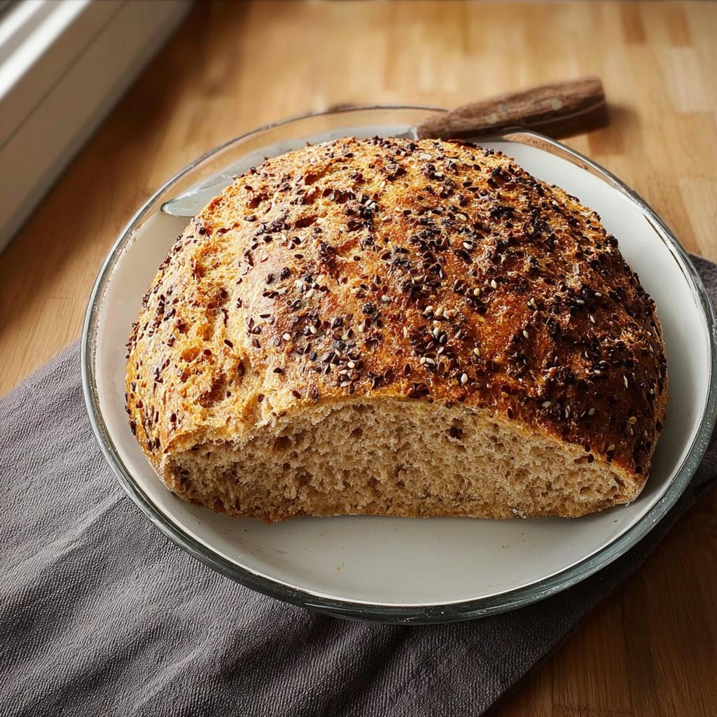 Angeschnittenes Dinkelbrot ohne Kneten mit einer dunklen Saatenkruste auf einem Teller.