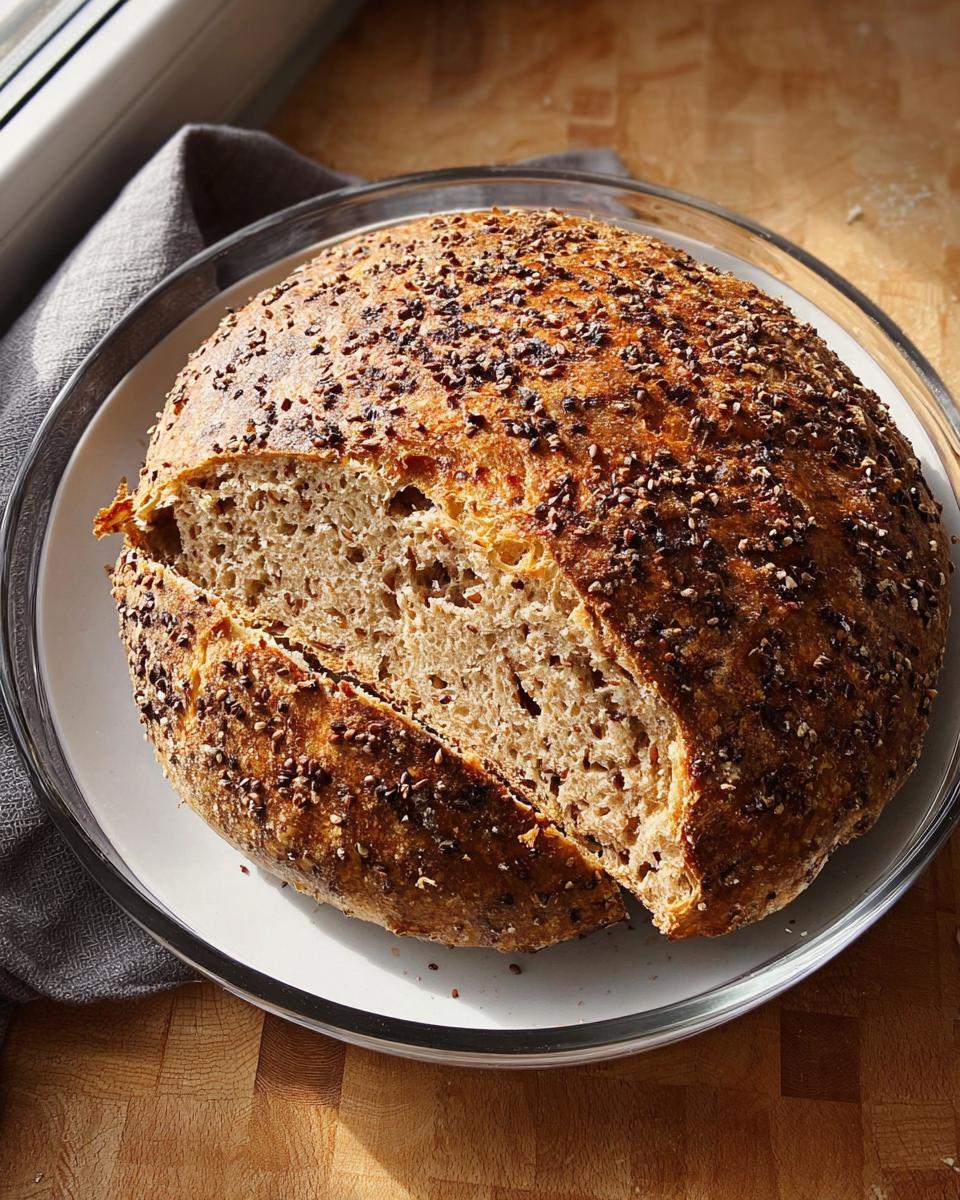 Ein rundes, frisch gebackenes Dinkelbrot ohne Kneten mit dunkler Saatenkruste, angeschnitten auf einem Teller.