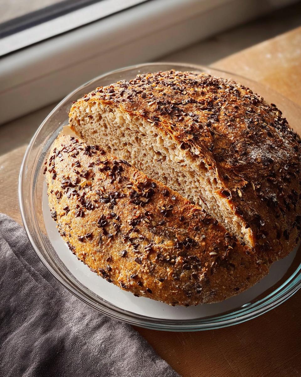 Ein rundes, frisch gebackenes Dinkelbrot ohne Kneten mit dunkler Saatenkruste, angeschnitten in einer Glasschüssel.
