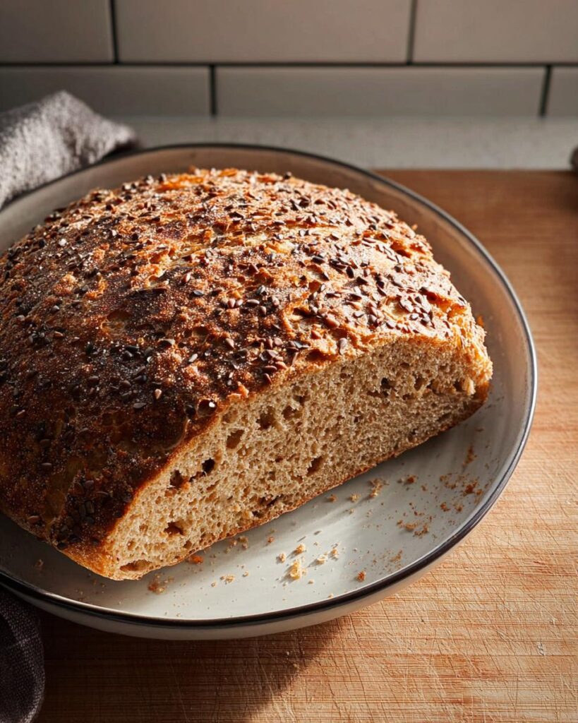Angeschnittenes Dinkelbrot ohne Kneten mit einer dunklen Saatenkruste auf einem Teller.