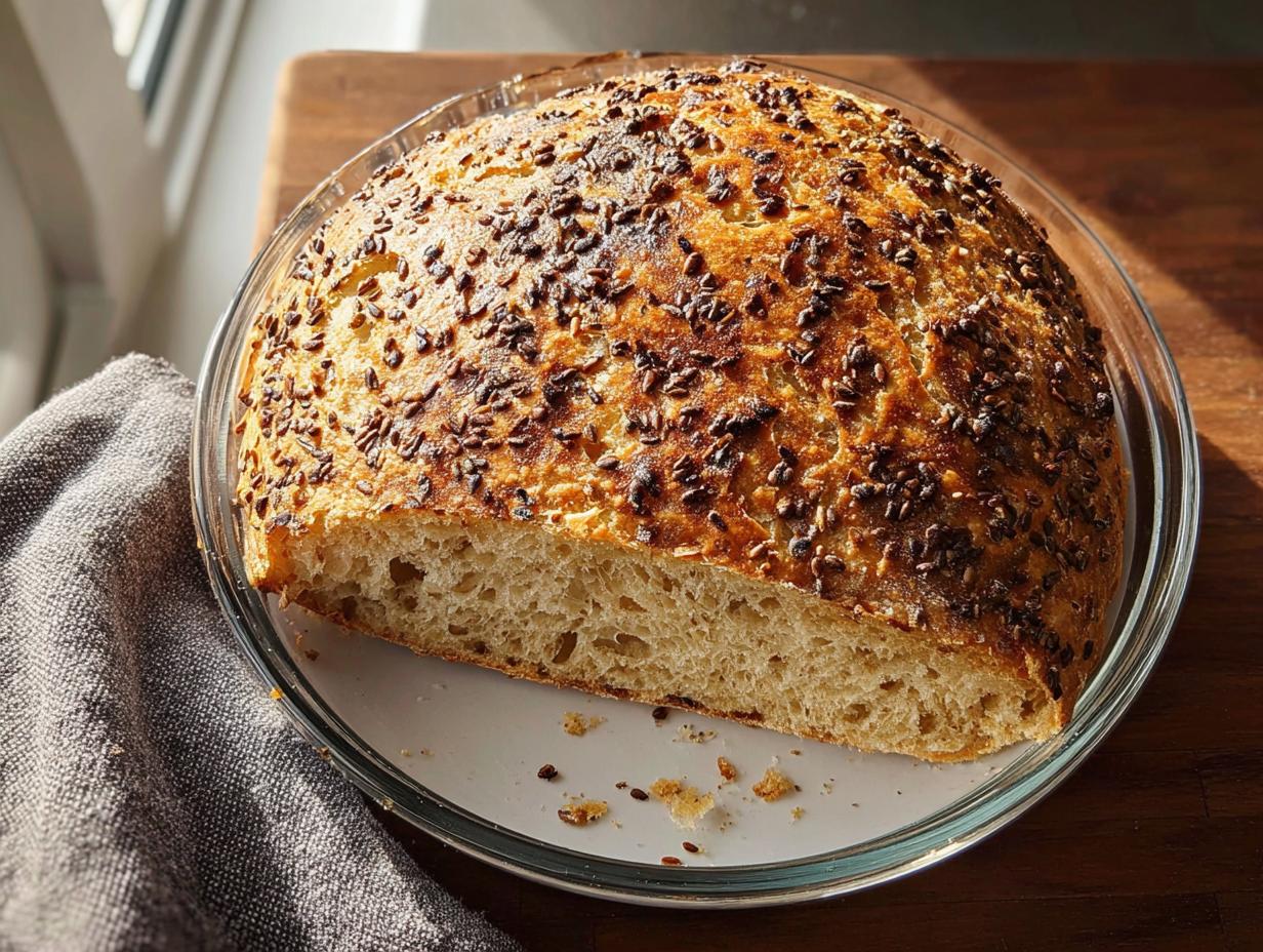 Angeschnittenes Dinkelbrot ohne Kneten mit goldbrauner Kruste und Leinsamen in einer Glasschüssel.