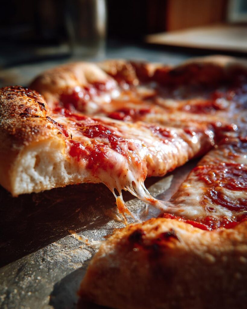 Nahaufnahme von Dünne knusprige Pizza wie beim Italiener mit geschmolzenem Käse, der beim Anheben eines Stücks Fäden zieht.