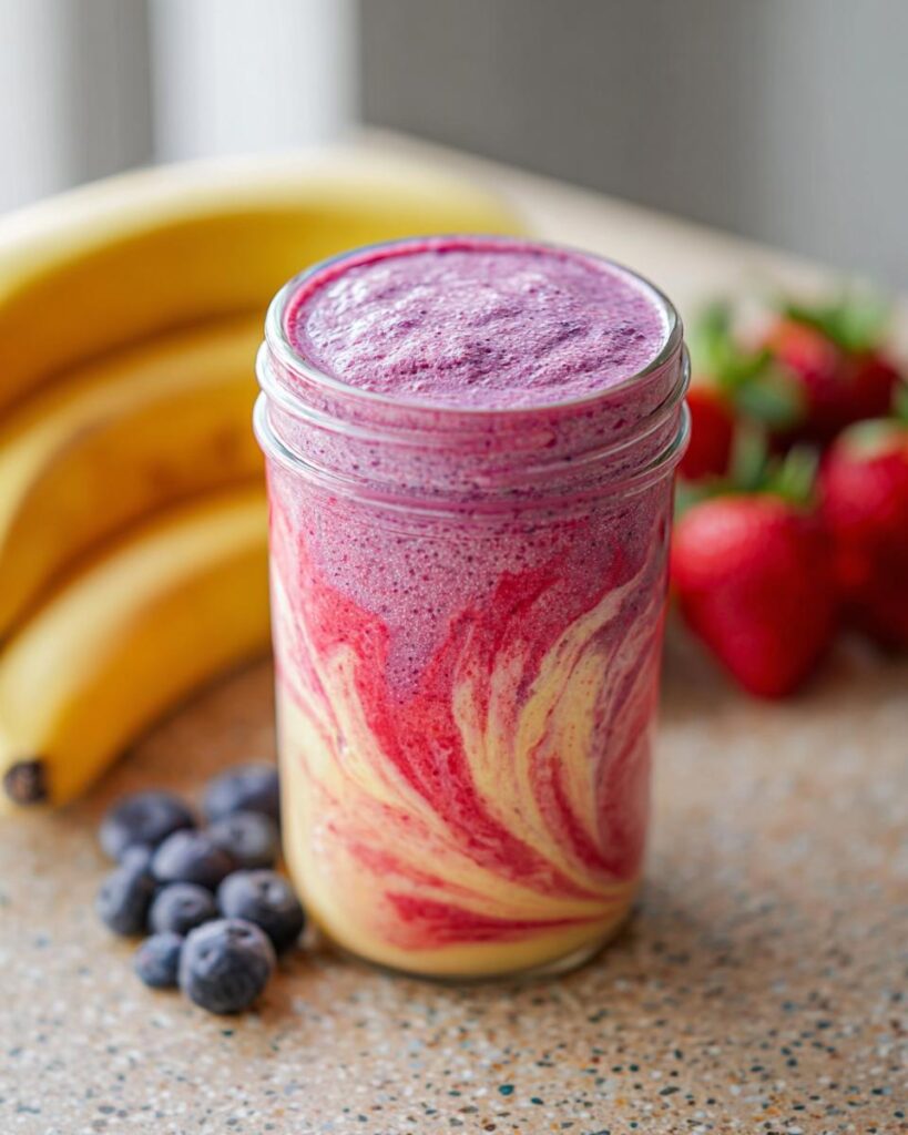 Ein bunter, geschichteter Einfacher Frucht-Smoothie für jeden Tag in einem Glas, umgeben von Bananen, Erdbeeren und Blaubeeren.