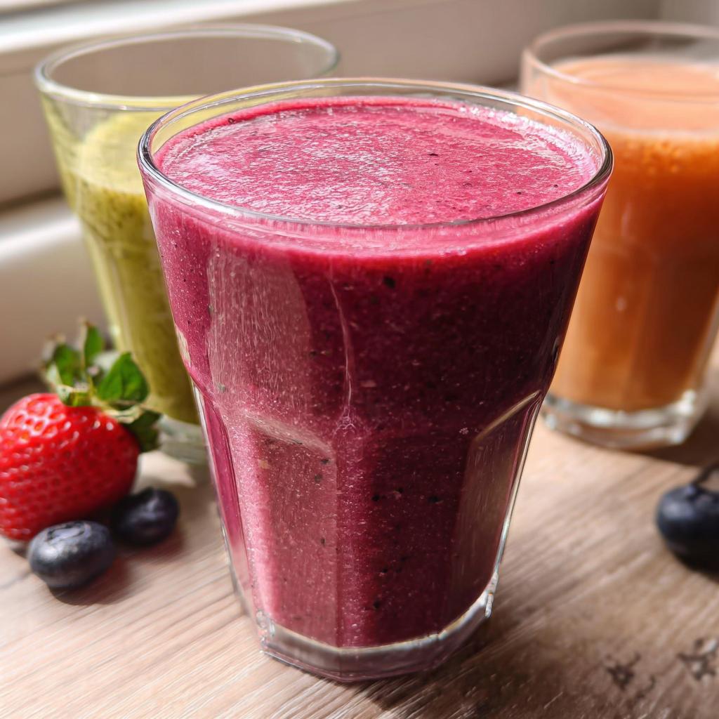 Nahaufnahme eines tiefroten Einfacher gesunder Frucht-Smoothie, umgeben von frischen Beeren.