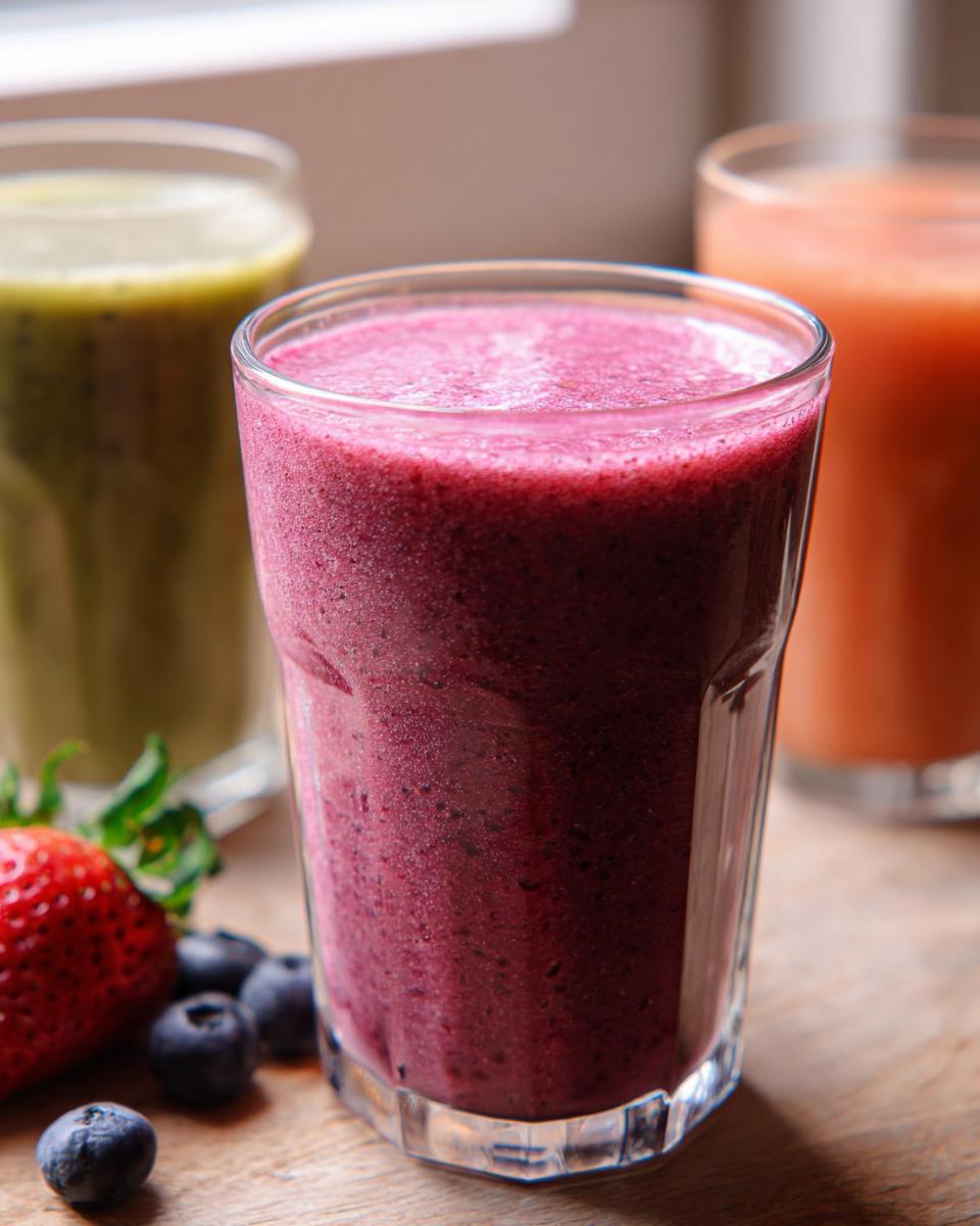 Nahaufnahme eines violetten, cremigen Einfacher gesunder Frucht-Smoothie mit frischen Blaubeeren und Erdbeeren daneben.