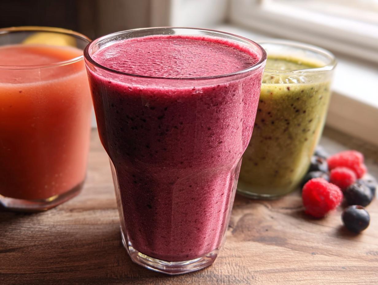 Drei Gläser mit verschiedenen Farben von Einfacher gesunder Frucht-Smoothie auf Holzuntergrund.