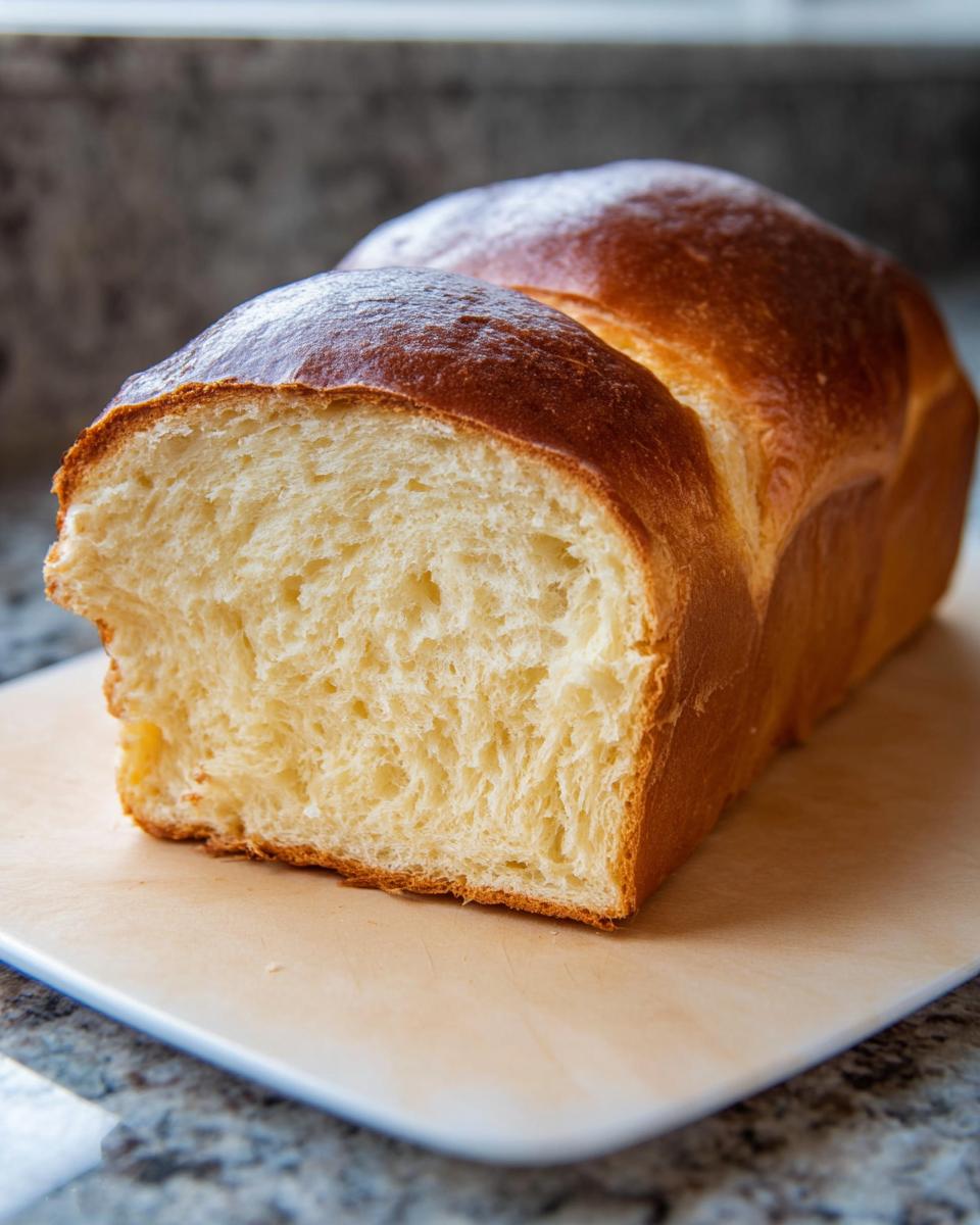 Angeschnittenes, goldbraun gebackenes Einfaches Brioche ohne Küchenmaschine auf einem Schneidebrett.