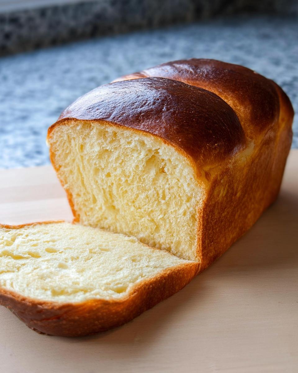 Aufgeschnittenes, goldbraun gebackenes Einfaches Brioche ohne Küchenmaschine auf einem Holzbrett.