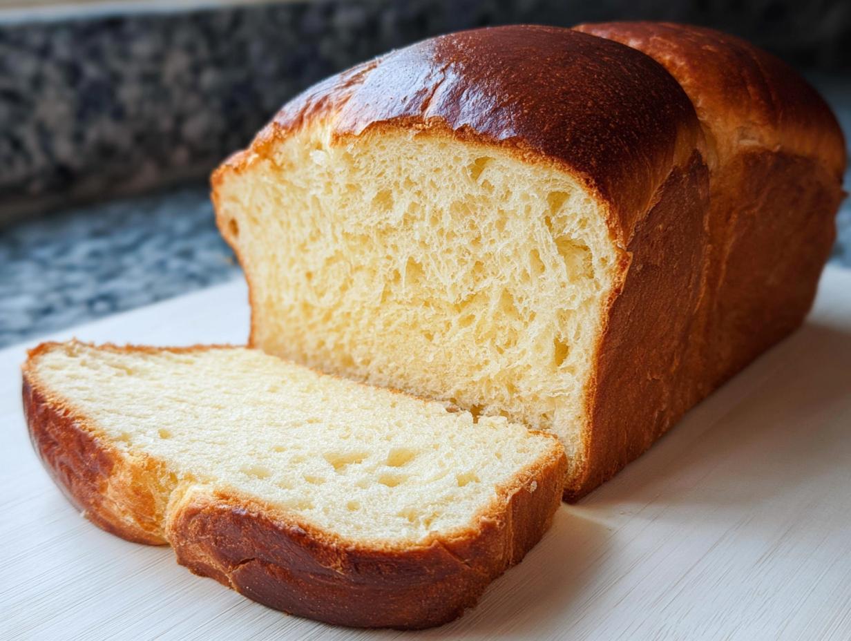Ein Laib selbstgebackenes, goldbraun gebackenes Einfaches Brioche ohne Küchenmaschine, von dem eine Scheibe abgeschnitten wurde.