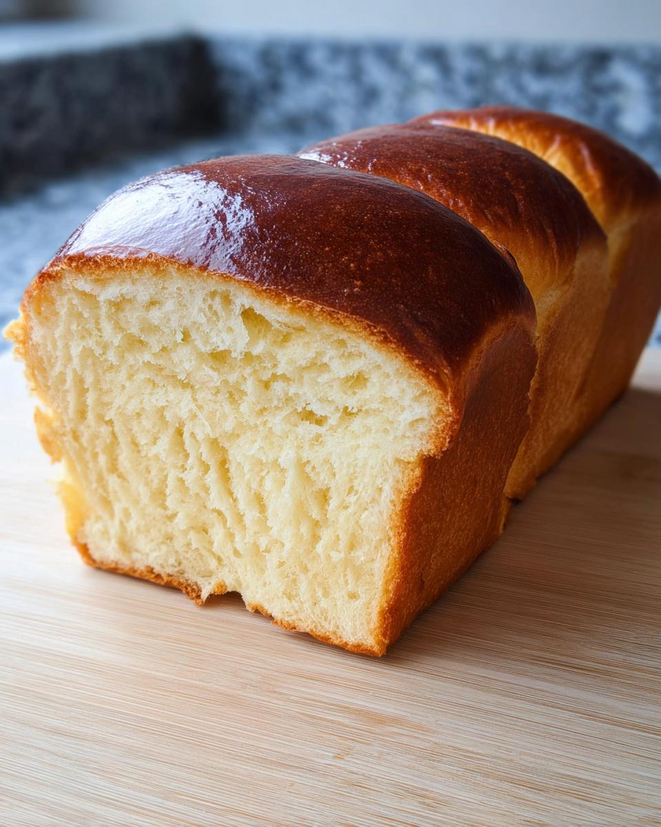 Aufgeschnittenes, goldbraun gebackenes Einfaches Brioche ohne Küchenmaschine auf einem Holzbrett.