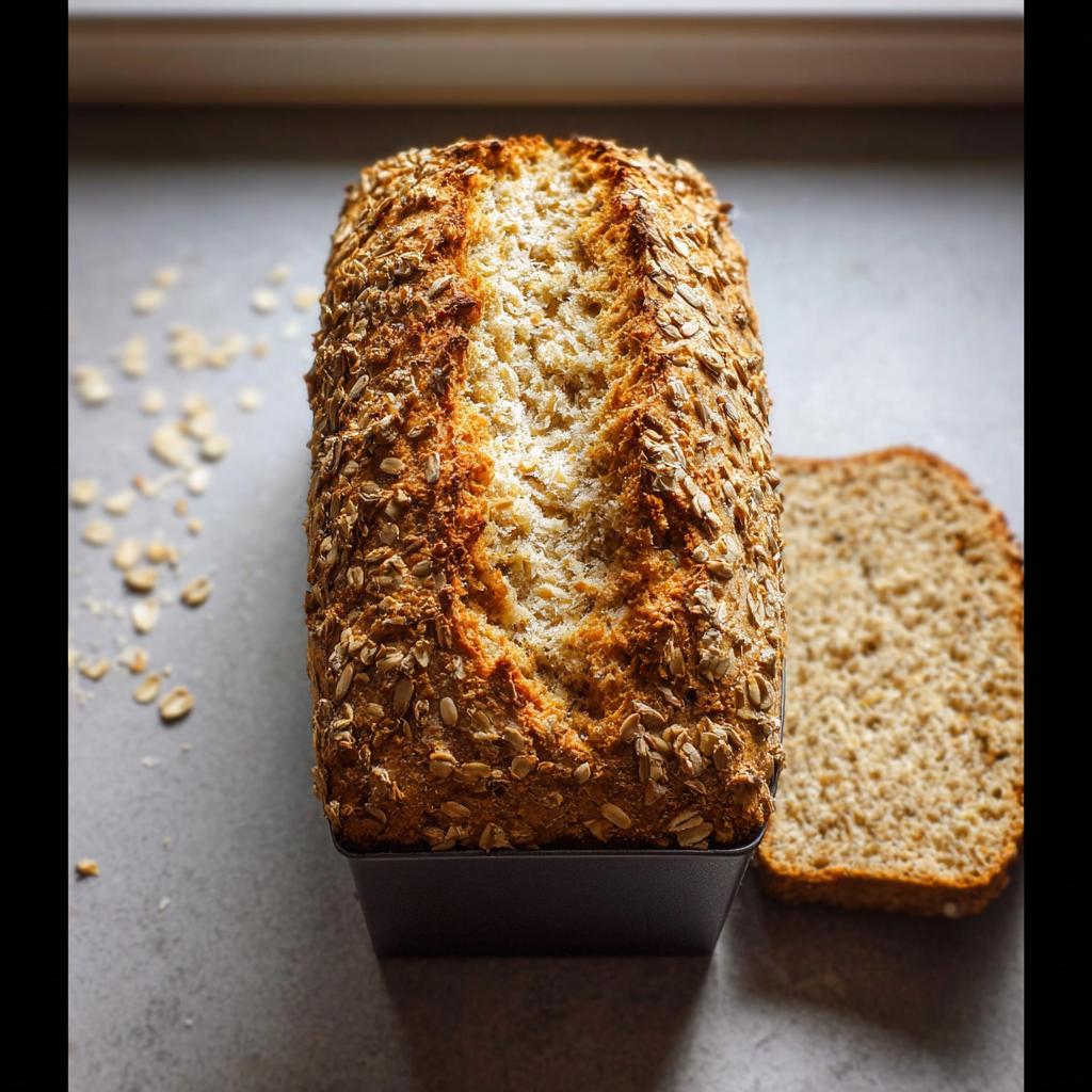 Ein Laib Einfaches Dinkelbrot ohne Sauerteig mit Haferflocken-Kruste, teilweise aus der Kastenform gehoben, daneben eine Scheibe.