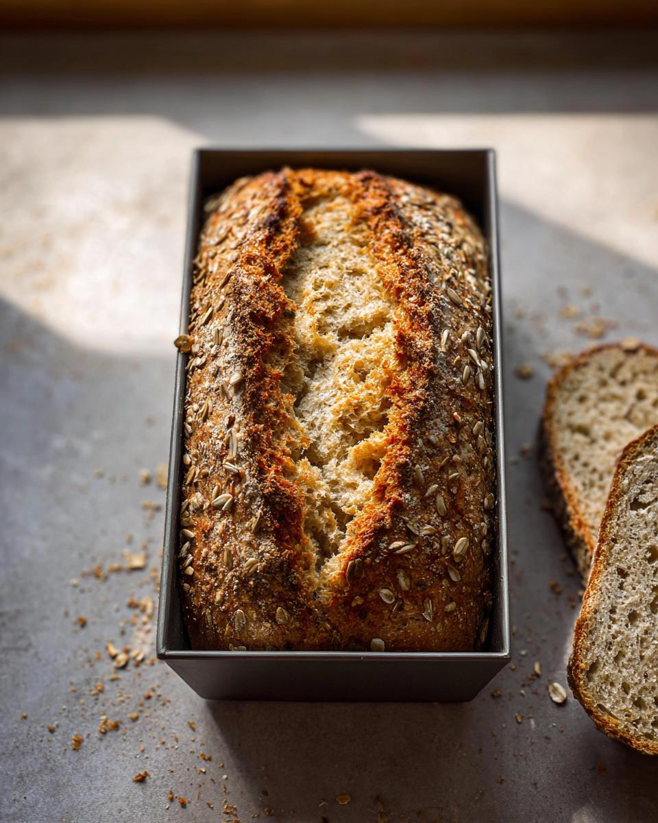 Frisch gebackenes Einfaches Dinkelbrot ohne Sauerteig mit Sonnenblumenkernen in einer Metallbackform.