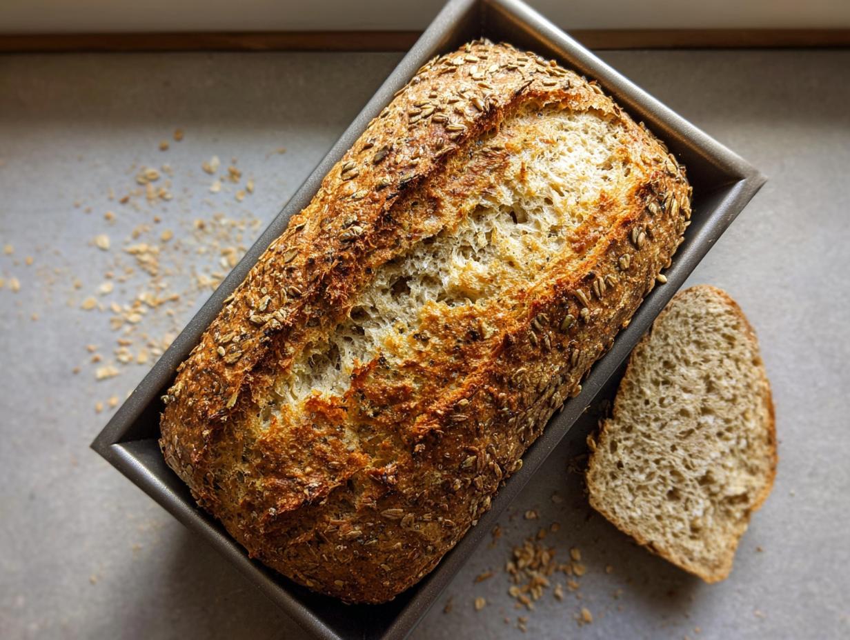 Ein frisch gebackenes Einfaches Dinkelbrot ohne Sauerteig in einer Backform, mit einer Scheibe daneben.