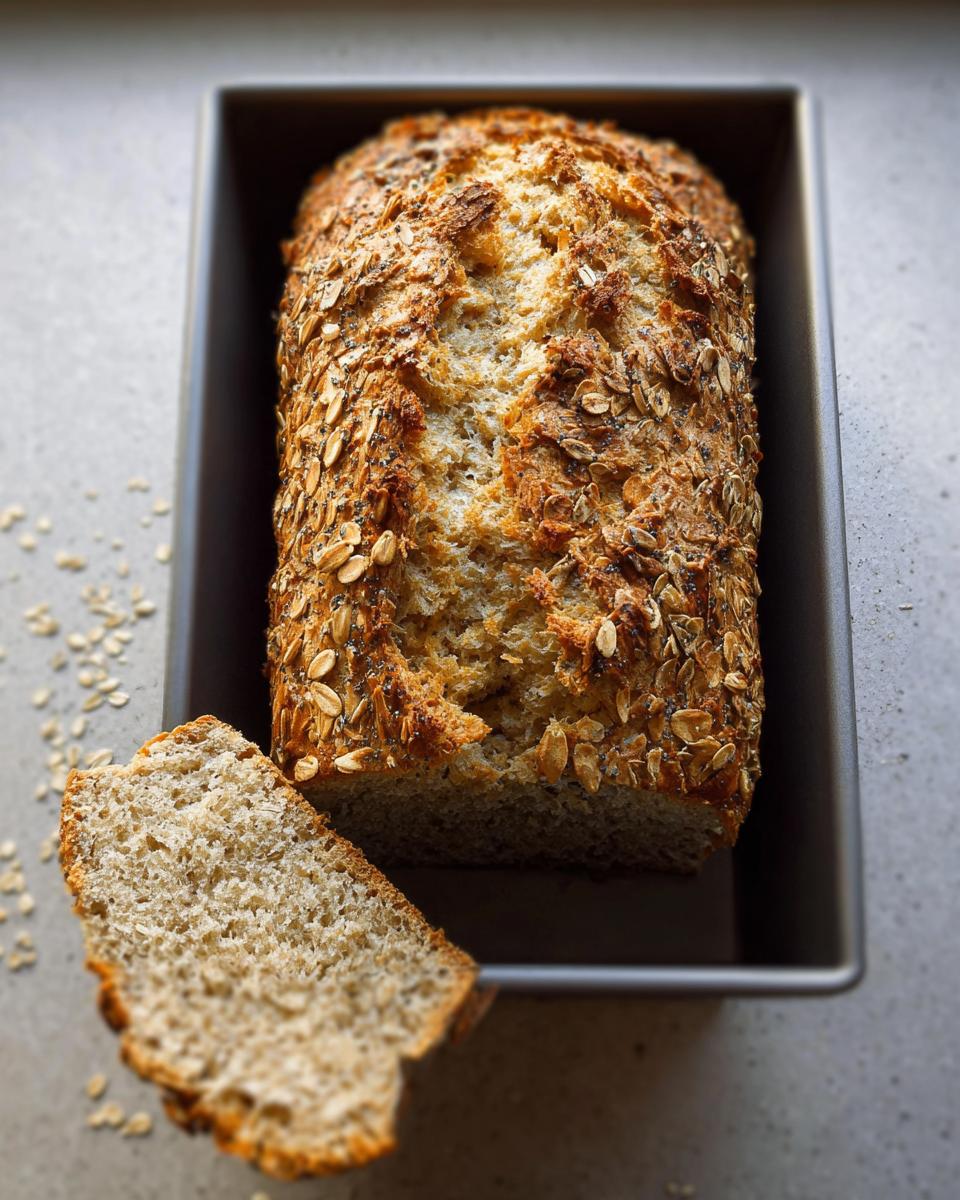 Ein Laib Einfaches Dinkelbrot ohne Sauerteig mit Haferflocken-Kruste in einer Backform, ein Stück ist angeschnitten.