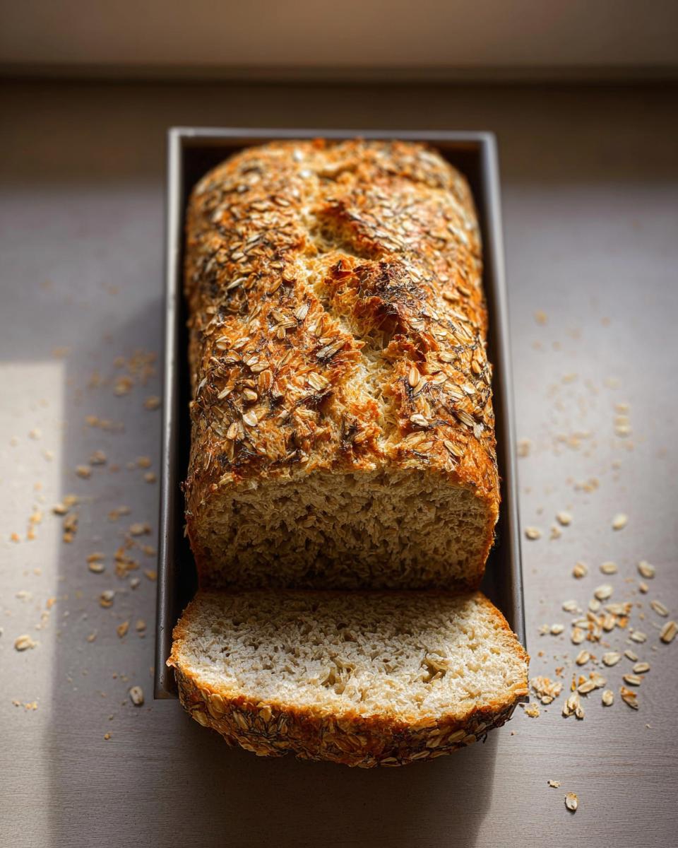 Ein Laib Einfaches Dinkelbrot ohne Sauerteig mit Haferflocken-Kruste, angeschnitten in der Backform.