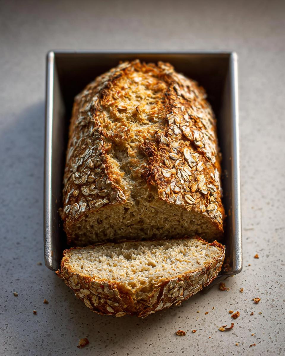 Ein Laib Einfaches Dinkelbrot ohne Sauerteig mit Haferflockenkruste, angeschnitten in einer Metallbackform.