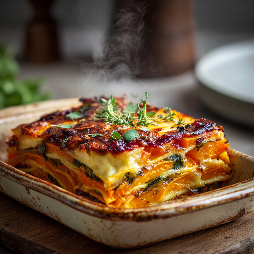 Gemüselasagne mit Süßkartoffeln und Butternusskürbis, geschichtet mit cremiger Sauce und Cranberry-Glasur, frisch aus dem Ofen dampfend serviert