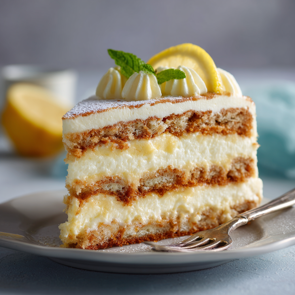 A slice of no-bake lemon tiramisu cake with creamy mascarpone layers and soaked ladyfingers, topped with piped cream, a lemon slice, and fresh mint on a dessert plate.