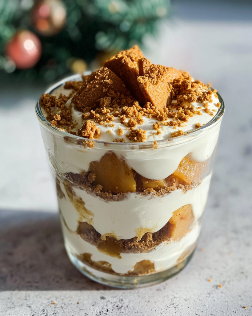Spekulatius-Schichtdessert im Glas mit cremiger Quarkschicht, warmem Apfelkompott und knusprigen Spekulatiusstücken als Topping, weihnachtlich angerichtet.