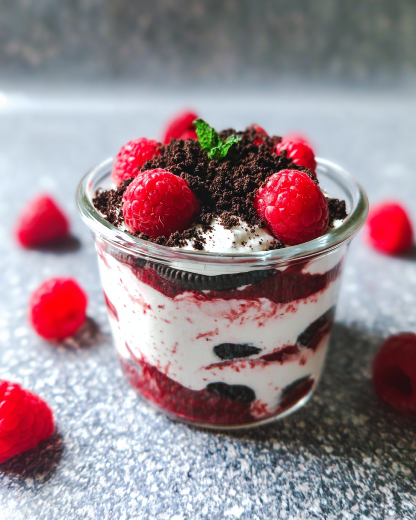 Geschichtetes Dessert im Glas mit Vanillecreme, Himbeerpüree, Schokokeksen und frischen Himbeeren, bestreut mit Keksbröseln und garniert mit Minze.