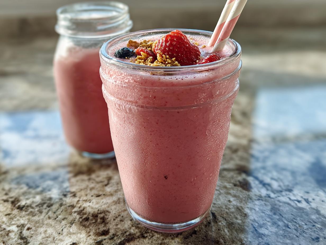 Nahaufnahme eines erfrischenden Erdbeer-Banane Smoothie klassisch, garniert mit Erdbeeren und Müsli.