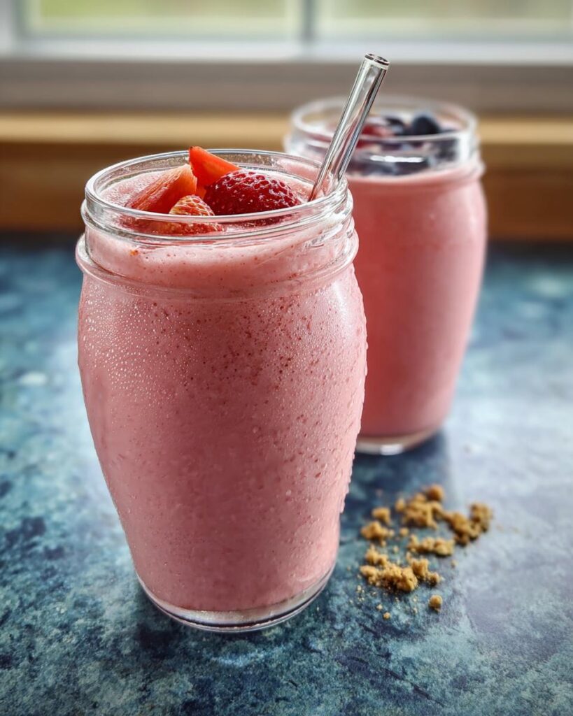 Nahaufnahme eines gekühlten Erdbeer-Banane Smoothie klassisch mit frischen Erdbeeren garniert.