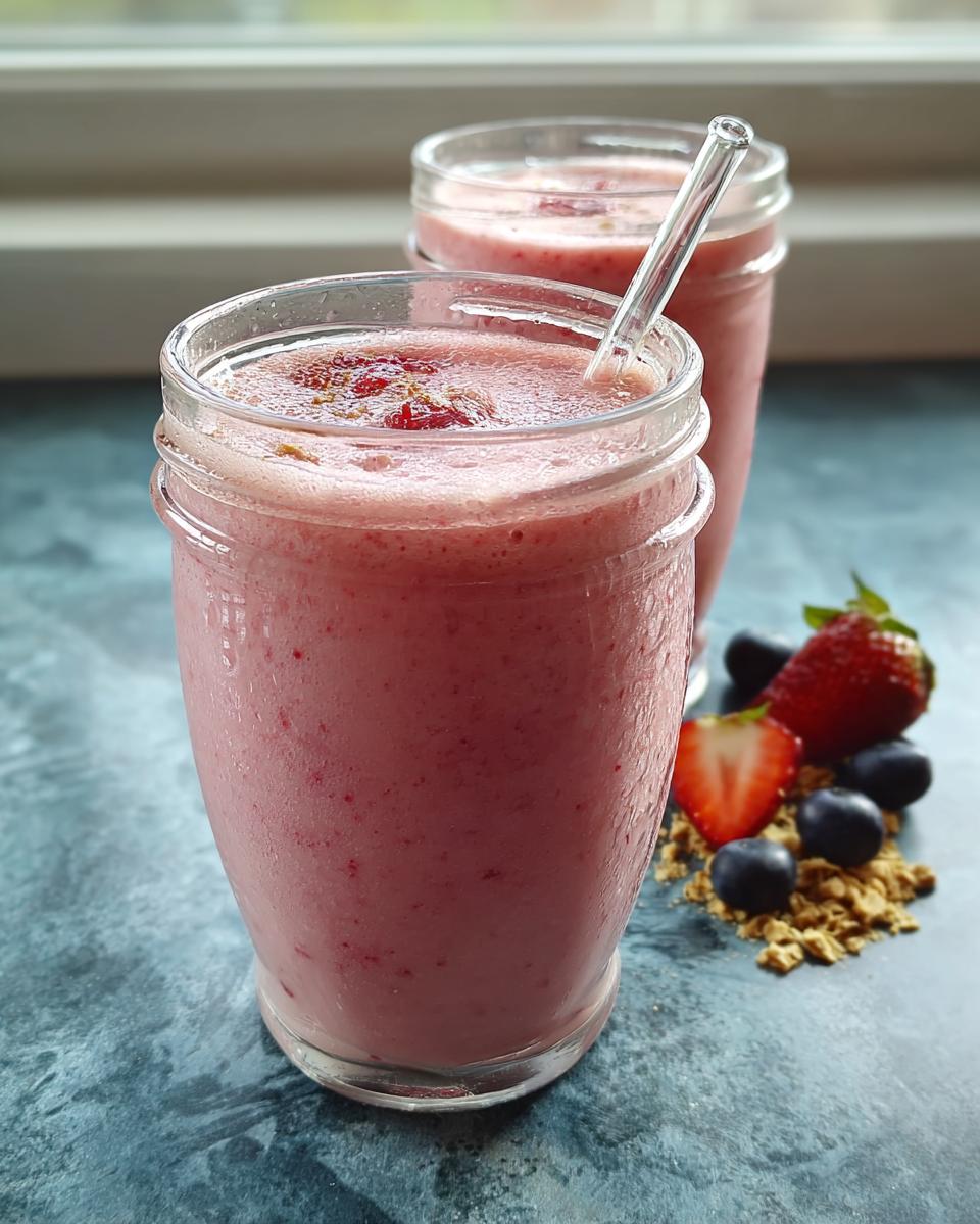 Zwei Gläser Erdbeer-Banane Smoothie klassisch mit frischen Erdbeeren und Blaubeeren daneben.