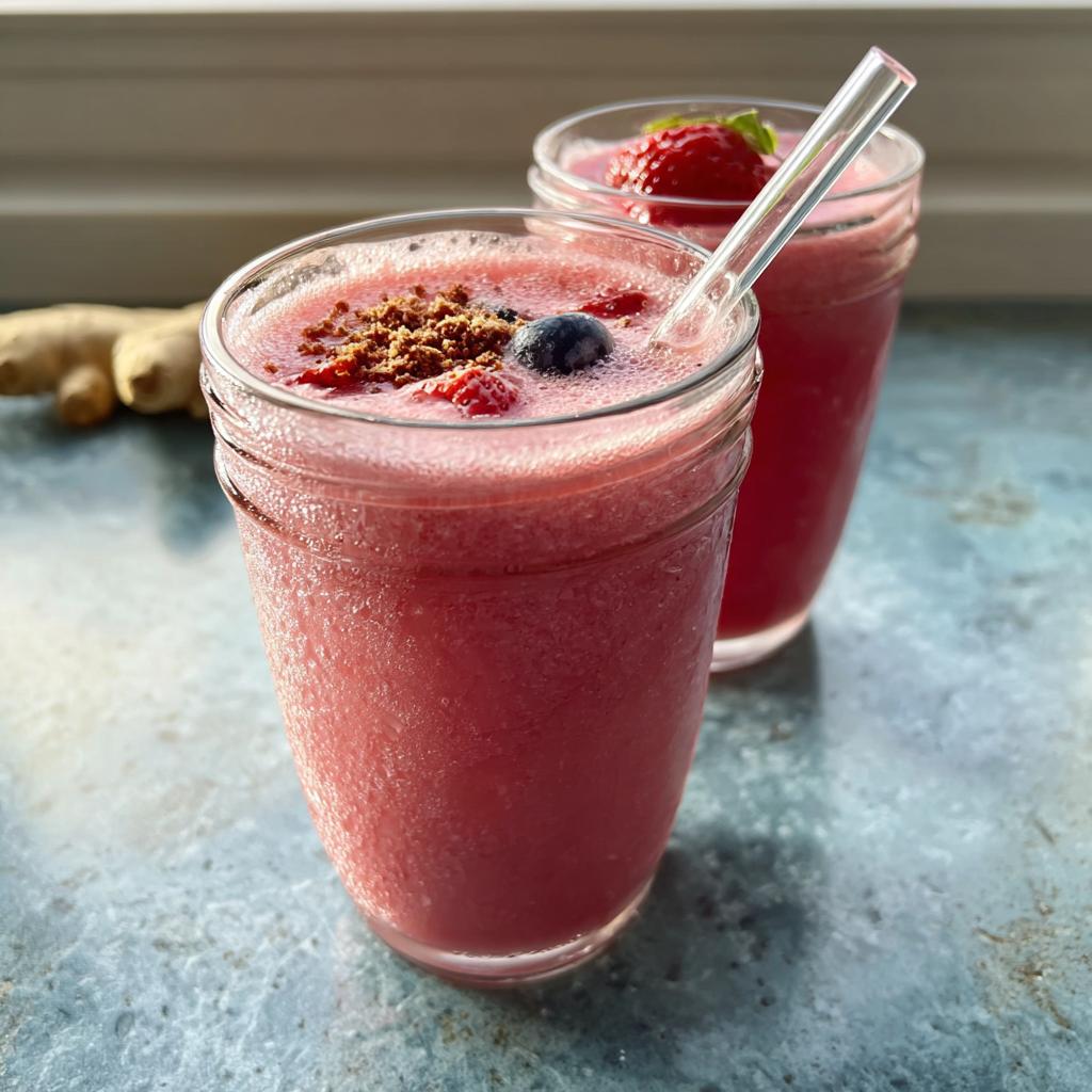 Zwei Gläser Erdbeer-Banane Smoothie klassisch, garniert mit Beeren und Krümeln, auf einem blauen Tisch.