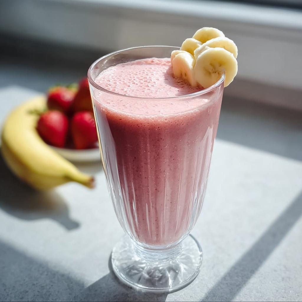 Ein Glas Erdbeer-Smoothie mit Bananenscheiben als Garnitur, im Hintergrund sind frische Erdbeeren und eine Banane zu sehen.
